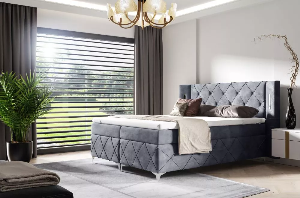 Gulta Focus Boxspring Standard ar LED Guļamvietas platums: 160 cm, Guļamvietas garums: 200 cm, · Pelēks · 208 × 212 × 15