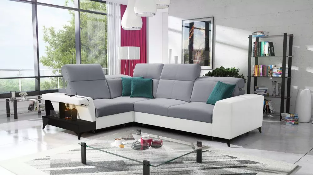 Dīvāns Belutti 2 Satin Black Standard ar LED · Pelēks + balts · 212 × 288 × 84 cm