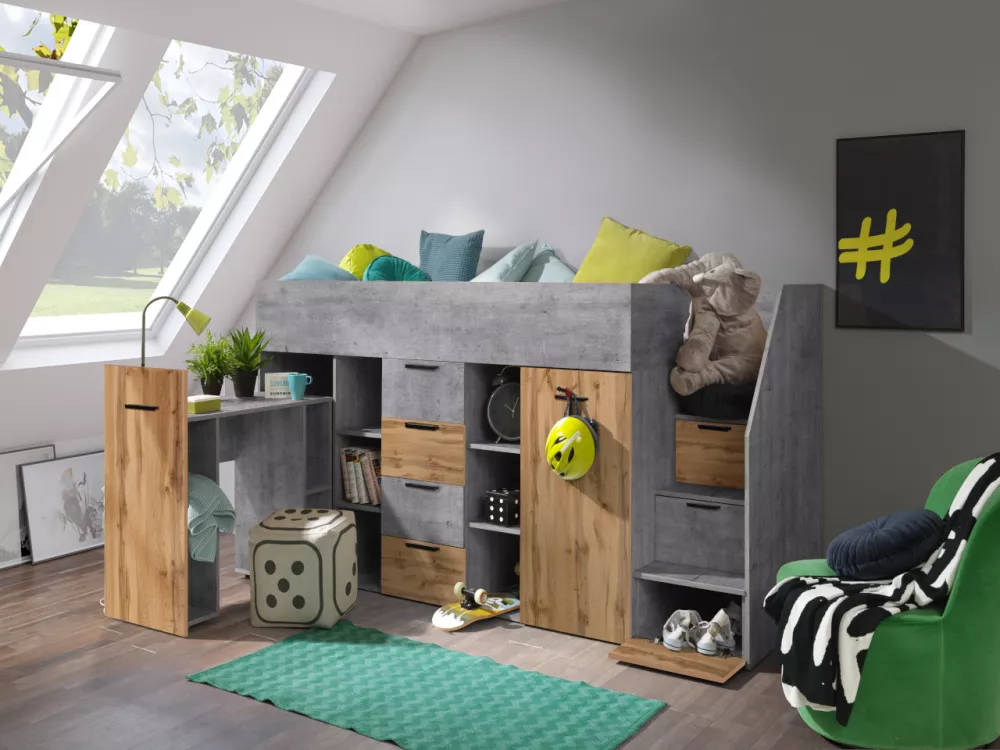 Bērnu gulta Konkret 3 ar stelāžu Kāpņu puse: Pa labi, Guļamvietas platums: 90 cm, Guļamvietas garums: 200 cm, · 93 × 248