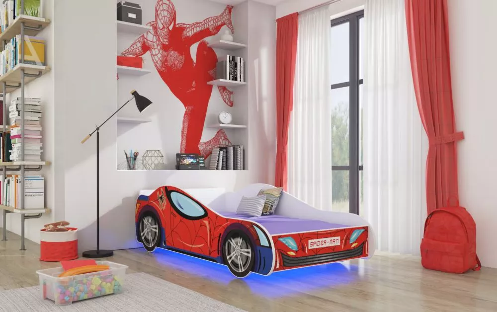 Bērnu gulta Car 2 Spider ar LED un stelāžu · Daudzkrāsains · 74 × 153 × 48 cm