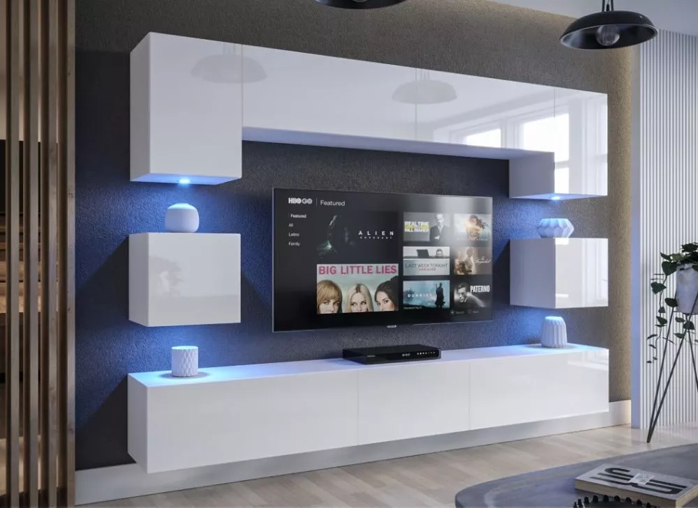Sekcija Next 1 ar LED gloss · Balts · 242 × 35 × 187 cm