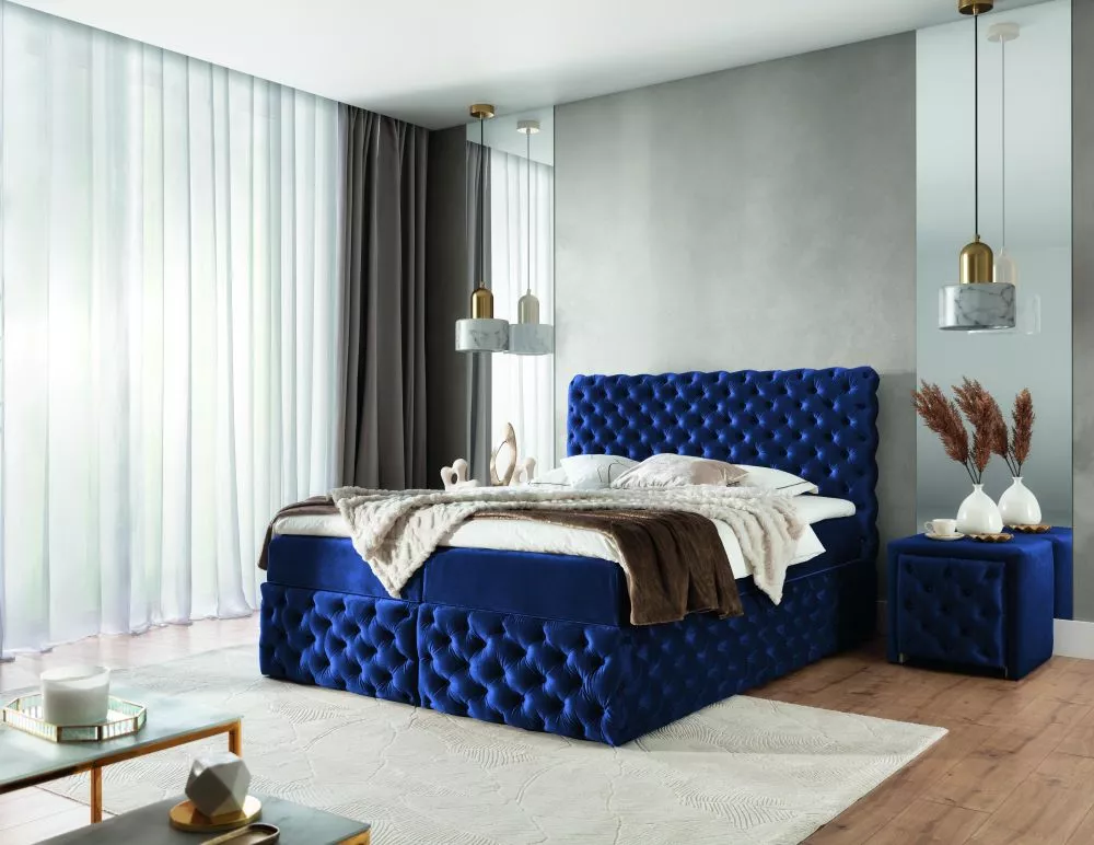 Gulta Castle Boxspring Standard Guļamvietas platums: 160 cm, Guļamvietas garums: 200 cm, · Zils · 166 × 217 × 123 cm