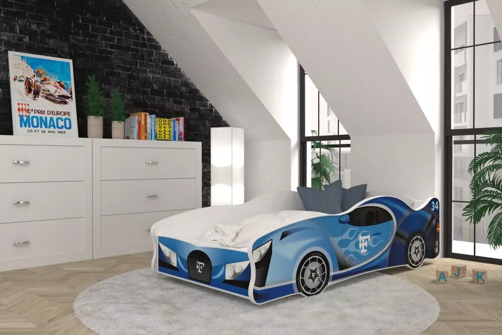 Bērnu gulta Cars 80x160 ar stelāžu Guļamvietas platums: 80 cm, Guļamvietas garums: 160 cm, · Zils · 82 × 170 × 52 cm