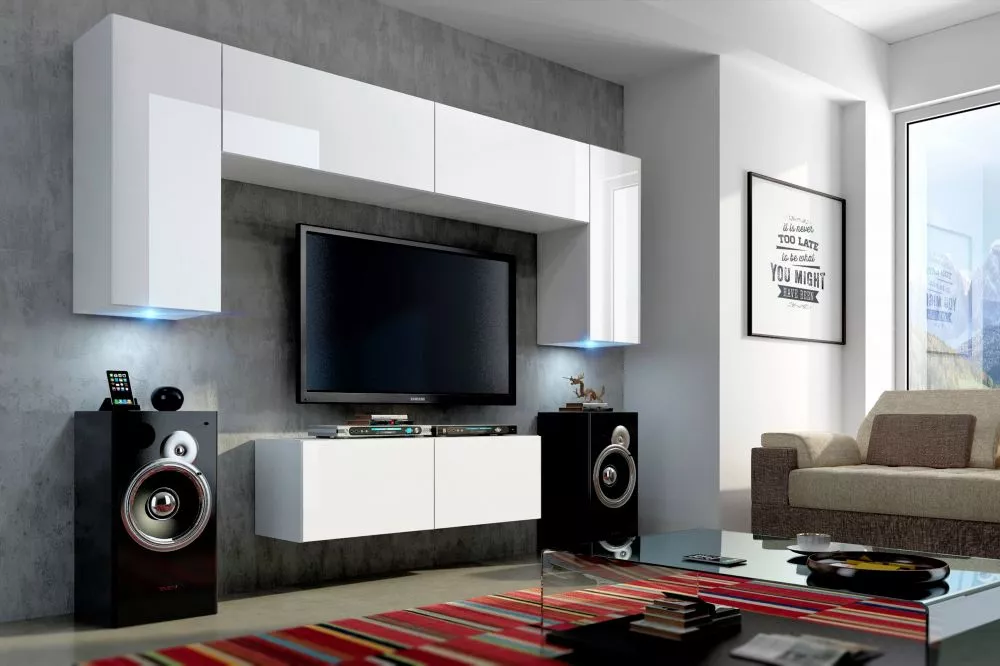 Sekcija Concept 2 gloss ar LED · Balts · 256 × 35 × 175 cm