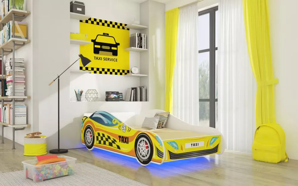 Bērnu gulta Car 2 Taxi ar LED un stelāžu · Daudzkrāsains · 74 × 153 × 48 cm