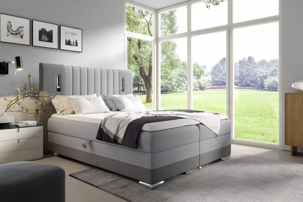 Gulta Vivien Boxspring Standard ar LED Guļamvietas platums: 160 cm, Guļamvietas garums: 200 cm, · Gaiši pelēks + pelēks 