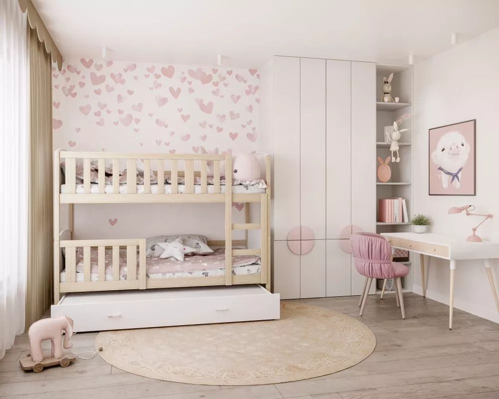 Bērnu gulta Tami 3 90x200 ar stelāžām Guļamvietas platums: 90 cm, Guļamvietas garums: 200 cm, · 96 × 208 × 158 cm