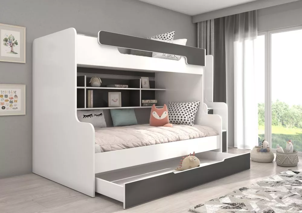 Bērnu gulta Harell ar stelāžam Guļamvietas platums: 90 cm, Guļamvietas garums: 200 cm, · 129 × 260 × 155 cm