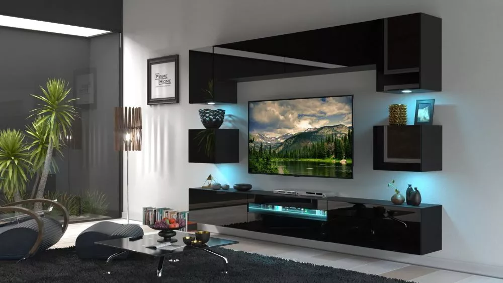 Sekcija Next Gan 1 gloss ar LED · Melna · 257 × 35 × 207 cm