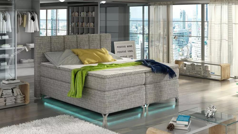 Gulta Basilio Boxspring ar LED standard Guļamvietas platums: 140 cm, Guļamvietas garums: 200 cm, · Pelēks · 155 × 205 × 