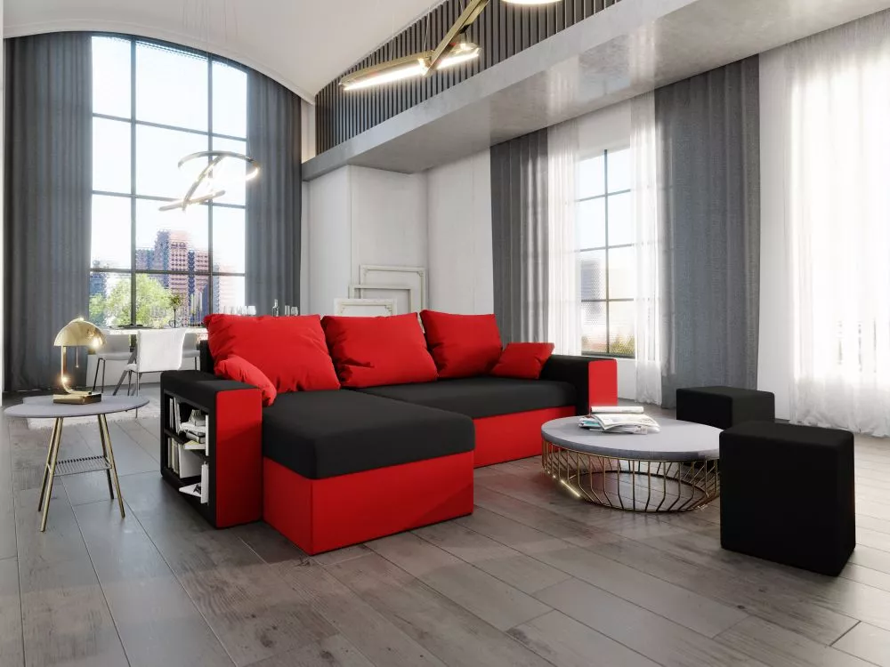 Dīvāns Vegas Premium Standard · Melns + sarkans · 145 × 253 × 72 cm
