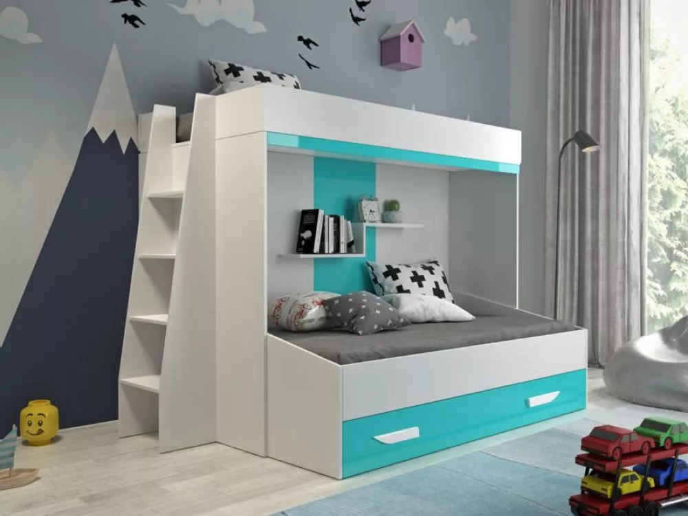 Bērnu gulta Party 17 ar stelāžām Guļamvietas platums: 90 cm, Guļamvietas garums: 200 cm, · 135 × 230 × 165 cm