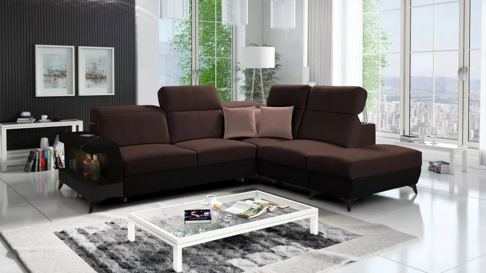 Dīvāns Belutti 7 Satin Black Standard ar LED · Tumši brūns + melns · 236 × 288 × 84 cm