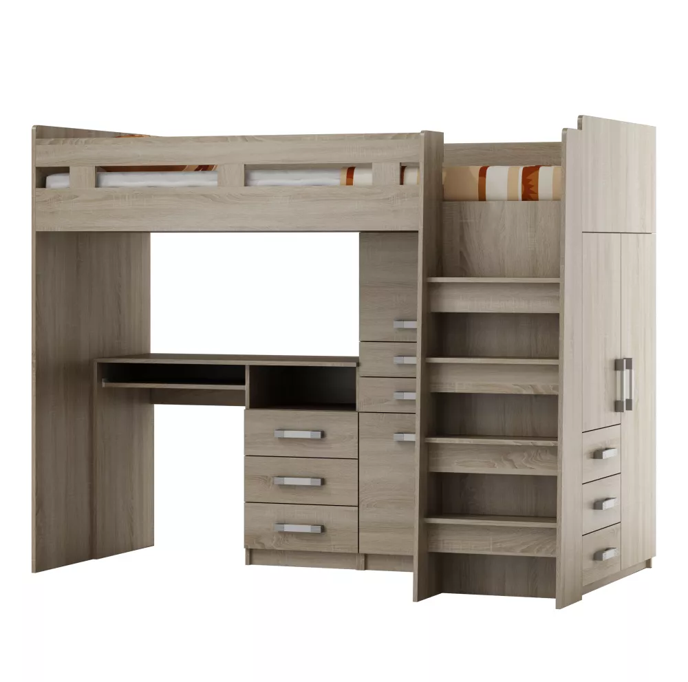 Bērnu gulta Lozko PTR ar stelāžu Kāpņu puse: Pa labi, Guļamvietas platums: 90 cm, Guļamvietas garums: 200 cm, · Ozols so
