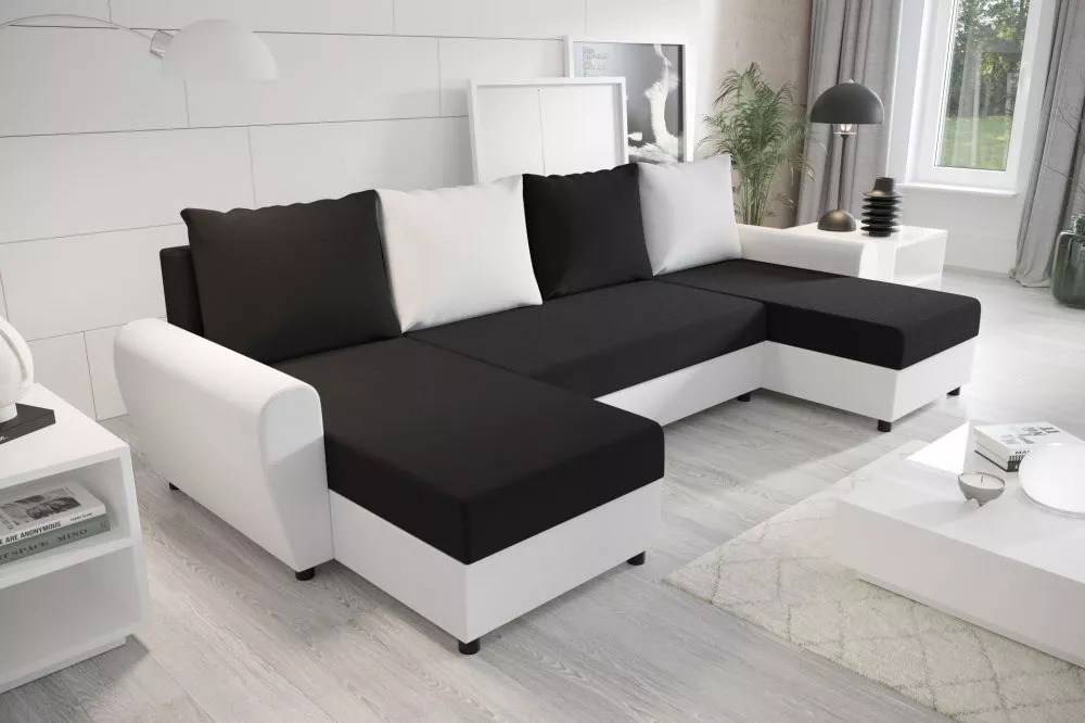 Dīvāns Fiona U standard · Melns + balts · 144 × 305 × 68 cm