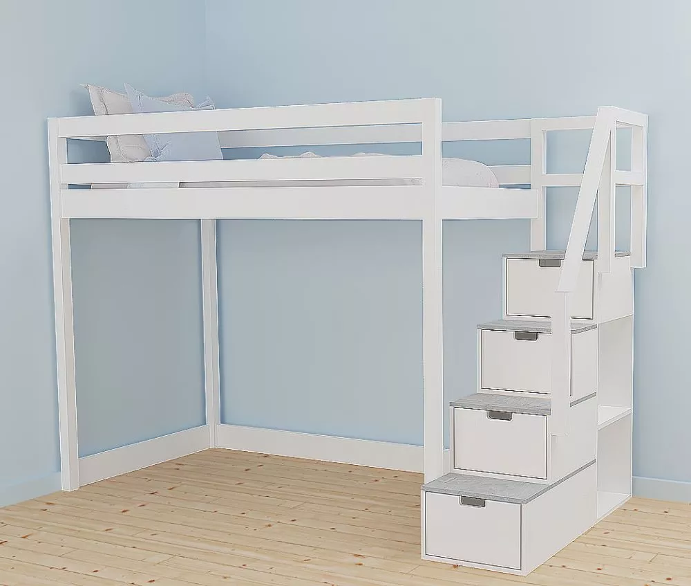 Bērnu gulta 117A ar stelāžu Kāpņu puse: Pa labi, Guļamvietas platums: 90 cm, Guļamvietas garums: 200 cm, · 118 × 252 × 1