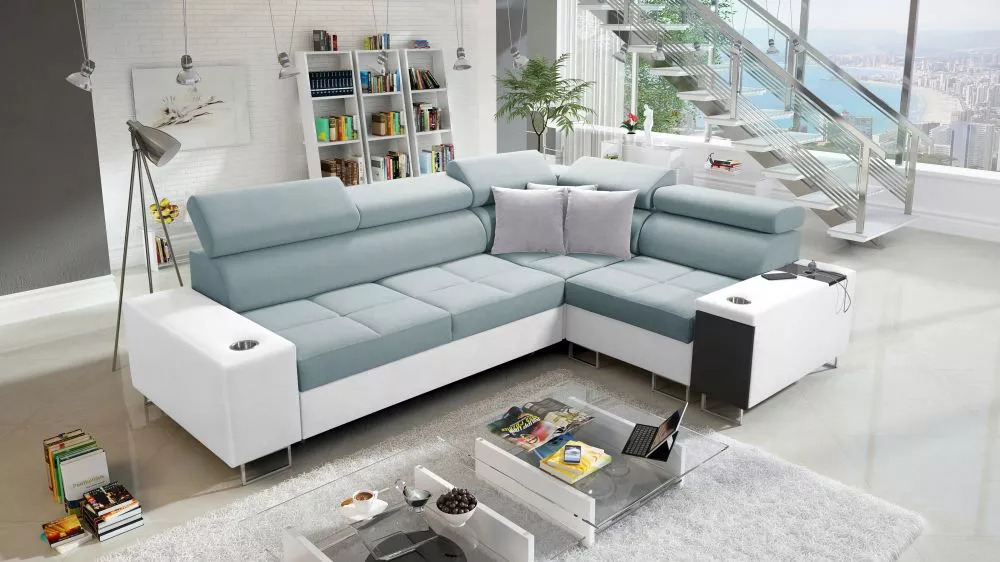 Dīvāns Morena 2 Premium Standard · Gaiši zils + balts · 207 × 283 × 84 cm