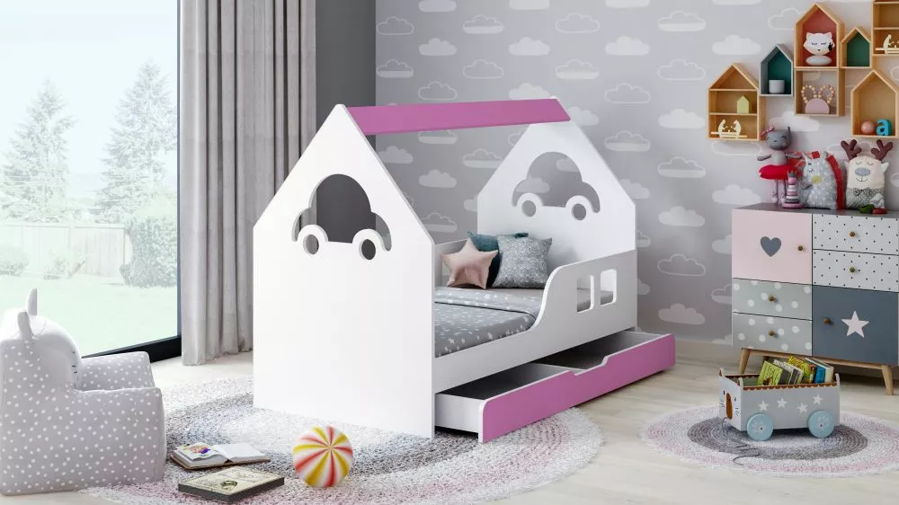 Bērnu gulta House Comfort ar stelāžu Guļamvietas platums: 70 cm, Guļamvietas garums: 140 cm, · 74.5 × 145 × 106 cm