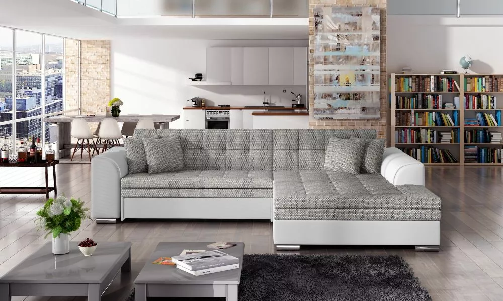 Dīvāns Sorento standard · Gaiši pelēks + balts · 195 × 295 × 80 cm