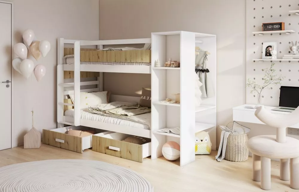 Bērnu gulta Apollo ar stelāžām Kāpņu puse: Pa labi, Guļamvietas platums: 80 cm, Guļamvietas garums: 200 cm, · 93 × 252 ×