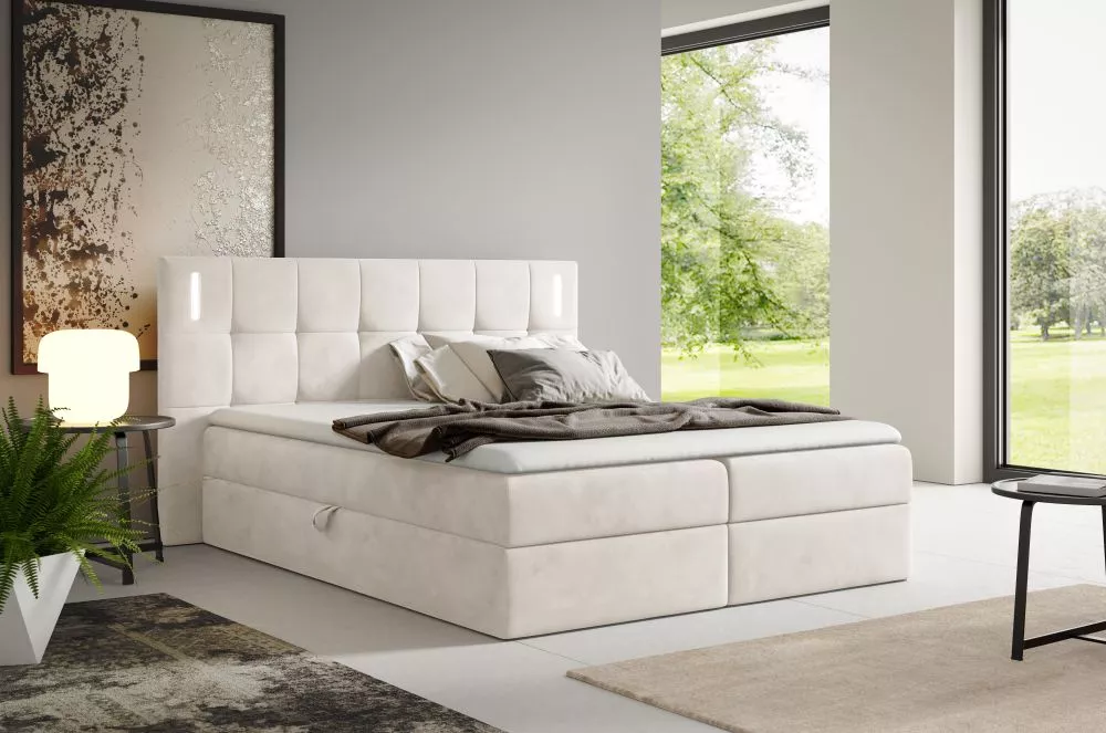 Gulta Denver Boxspring Standard ar LED Guļamvietas platums: 160 cm, Guļamvietas garums: 200 cm, · Bēšs · 192 × 208 × 118