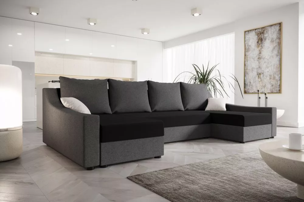 Dīvāns Ontario U Classic standard · Melns + tumši pelēks · 140 × 303 × 90 cm