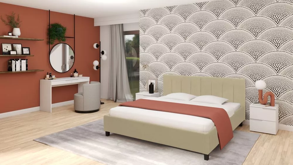 Gulta Catherine Standard ar stelāžu Guļamvietas platums: 160 cm, Guļamvietas garums: 200 cm, · Gaiši bēšs · 182 × 211 × 