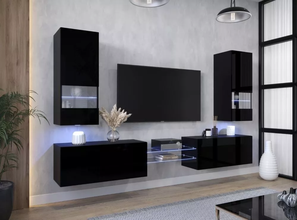 Sekcija Nairobi Next 21 gloss ar LED · Melna · 250.4 × 35 × 148 cm