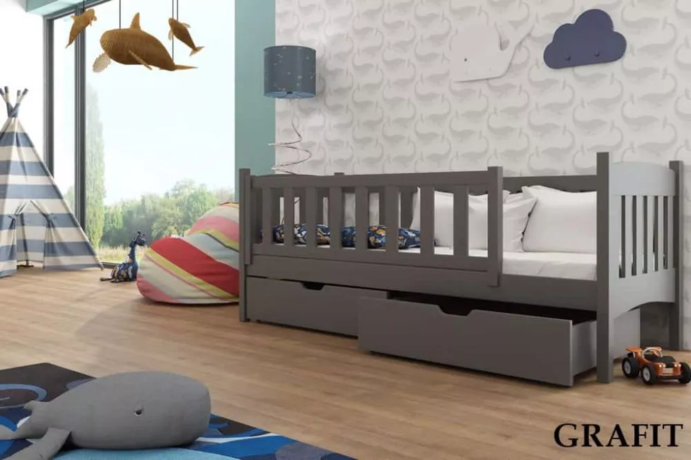 Bērnu gulta Gucio ar stelāžu Guļamvietas platums: 80 cm, Guļamvietas garums: 200 cm, · Grafīts · 87 × 208 × 75 cm