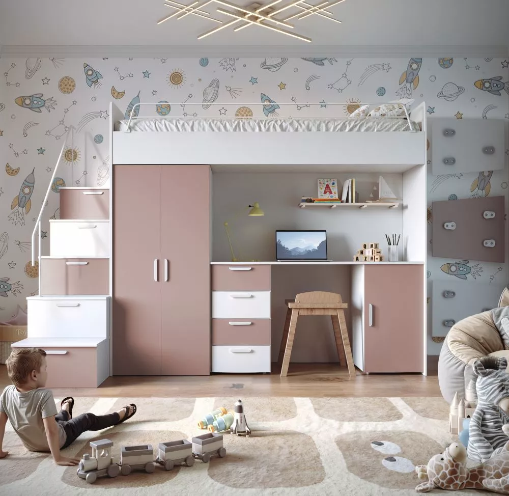 Bērnu gulta Raj 4 Matt ar stelāžu Guļamvietas platums: 80 cm, Guļamvietas garums: 200 cm, · 120 × 254 × 180 cm
