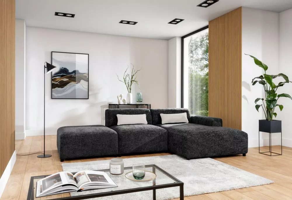 Dīvāns Roma Corner Standard ar pufu · Melns · 165 × 304 × 75 cm