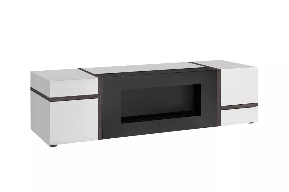 TV tumba Cross RTV-K ar biokamīnu · Balts + goba koks · 150 × 50 × 52 cm