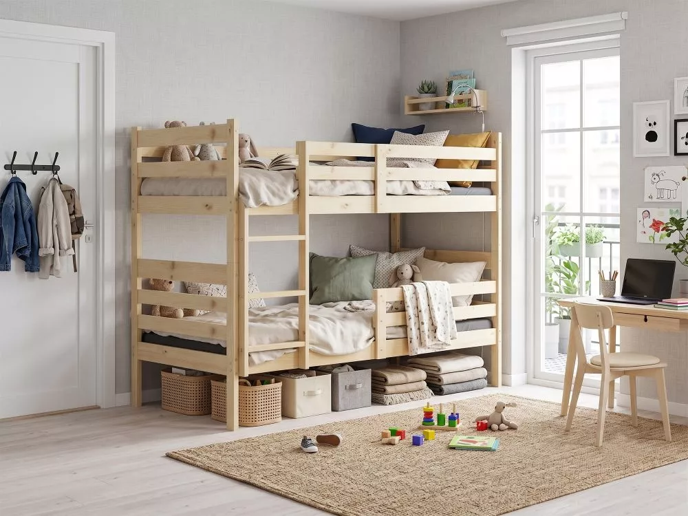 Bērnu gulta Eryk Pine ar stelāžām Guļamvietas platums: 90 cm, Guļamvietas garums: 190 cm, · Priede · 97 × 195 × 154 cm