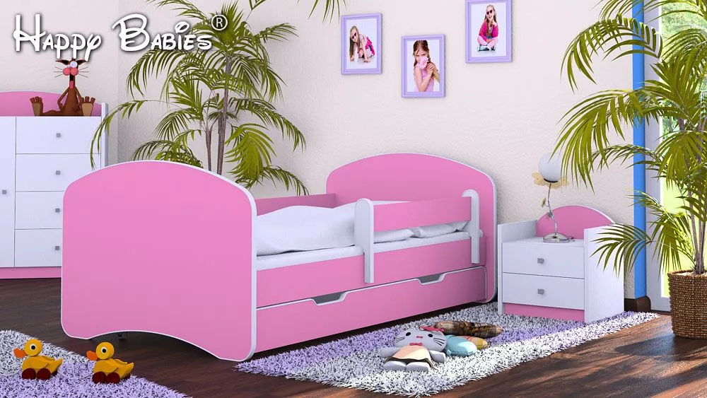 Bērnu gulta Happy L02 Color 140x70 ar stelāžu Guļamvietas platums: 70 cm, Guļamvietas garums: 140 cm, · Rozā · 82 × 144 