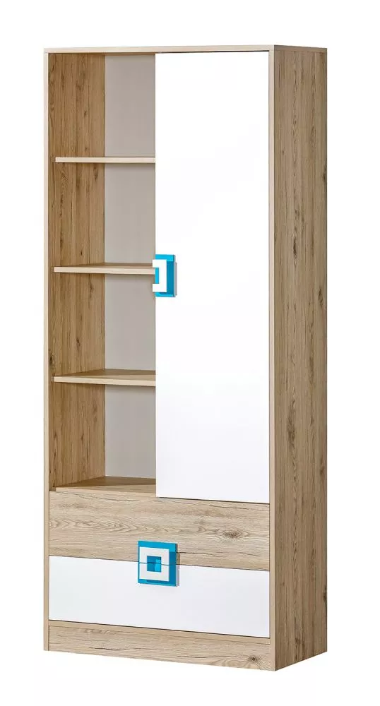 Grāmatu skapis Nico 04 Korpusa krāsa: ozols + balts, Elementu krāsa: tirkīzs, · 80 × 40 × 190 cm