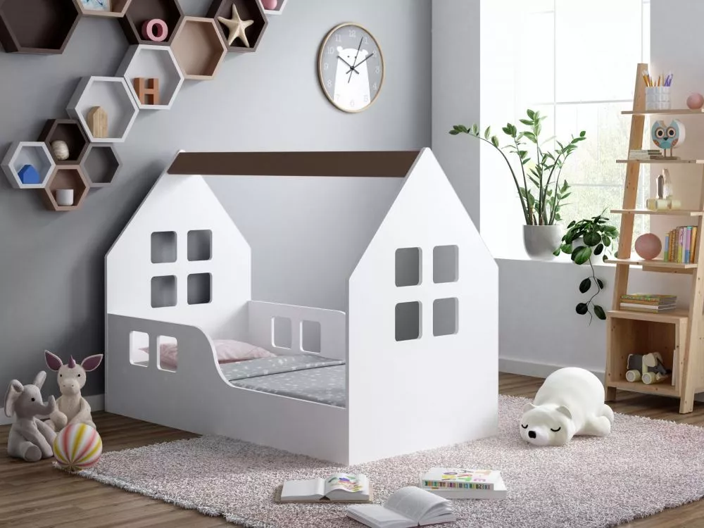 Bērnu gulta House 5 ar stelāžu Guļamvietas platums: 70 cm, Guļamvietas garums: 140 cm, · 70 × 144 × 106 cm
