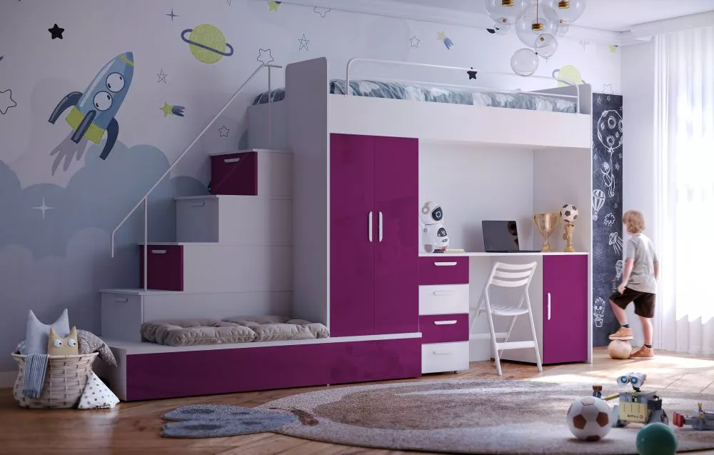 Bērnu gulta Raj 5 W gloss ar stelāžu Guļamvietas platums: 80 cm, Guļamvietas garums: 200 cm, · 85 × 324 × 180 cm