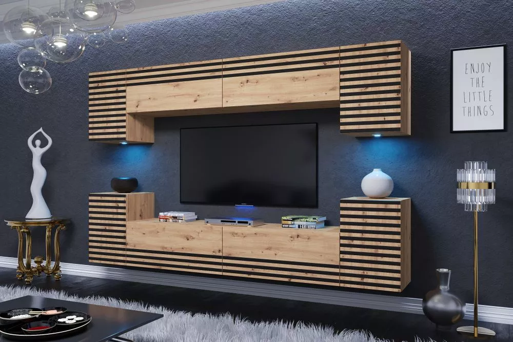Sekcija Lugo ar LED · Ozols artisan · 240 × 35 × 190 cm