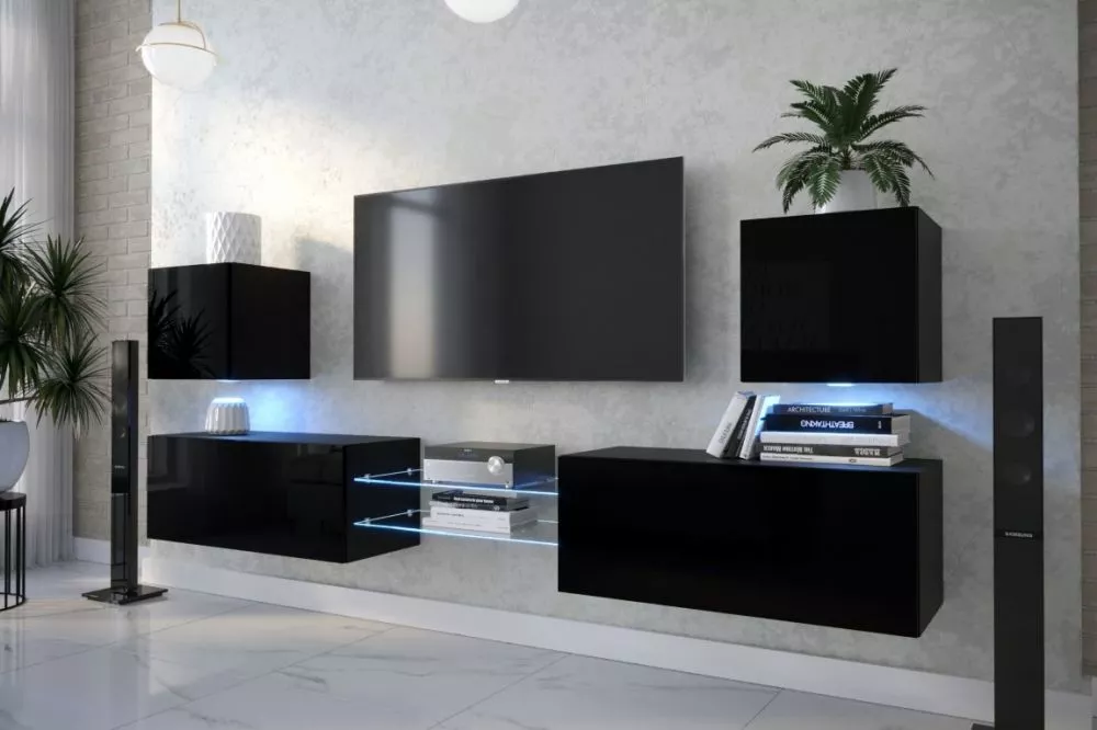 Sekcija Nairobi D144N gloss ar LED · Melns · 250,4 × 35 × 102 cm