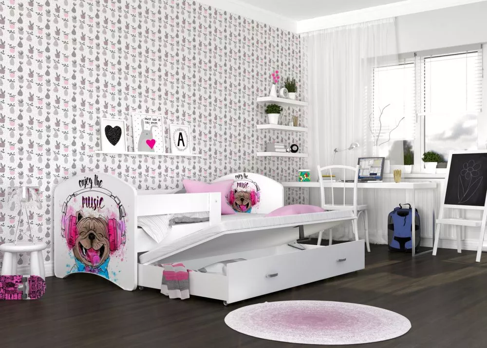 Bērnu gulta Lucky P2 Music ar stelāžām Guļamvietas platums: 90 cm, Guļamvietas garums: 200 cm, · 95 × 203 × 85 cm