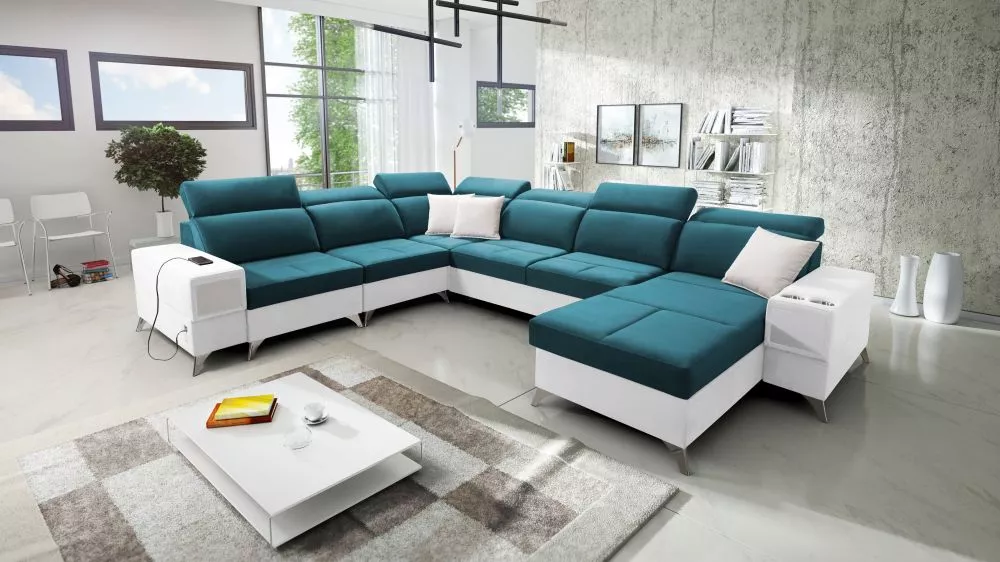 Dīvāns Deus 8 Premium Standard · Tirkīzs + balts · 284 × 364 × 83 cm