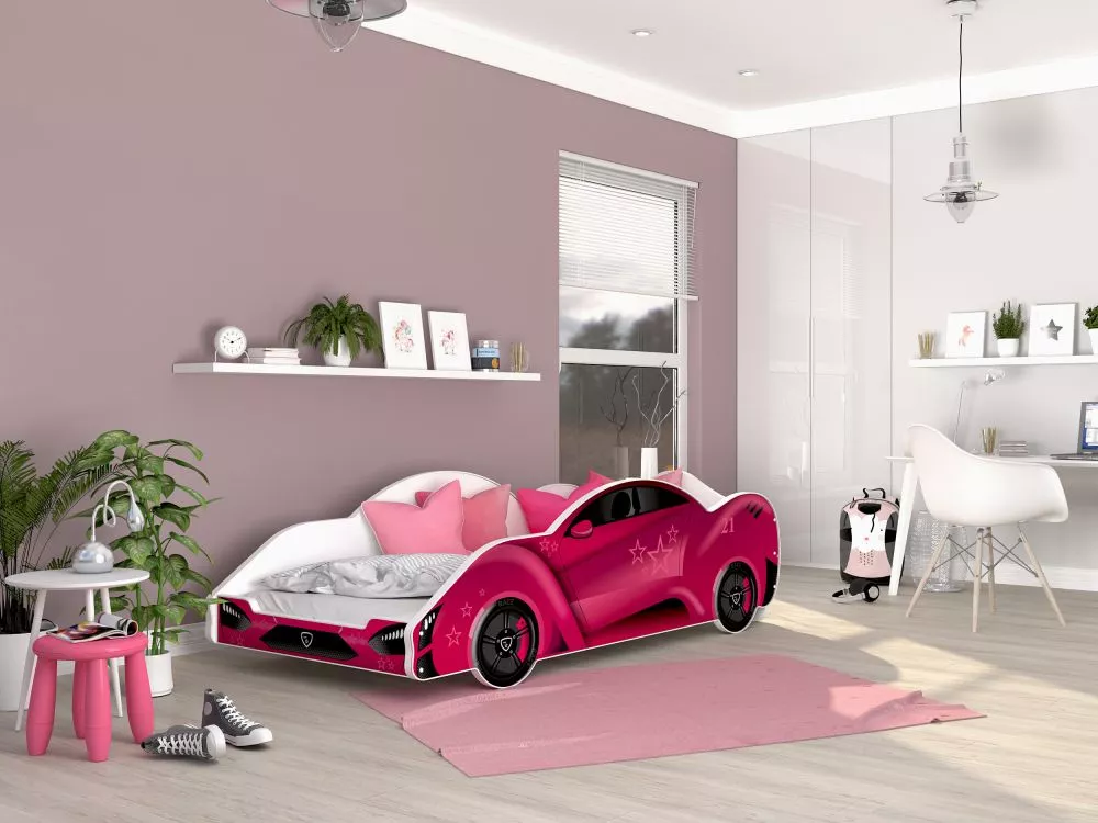Bērnu gulta Cars 90x180 ar stelāžu Guļamvietas platums: 90 cm, Guļamvietas garums: 180 cm, · Rozā · 94 × 203 × 61 cm