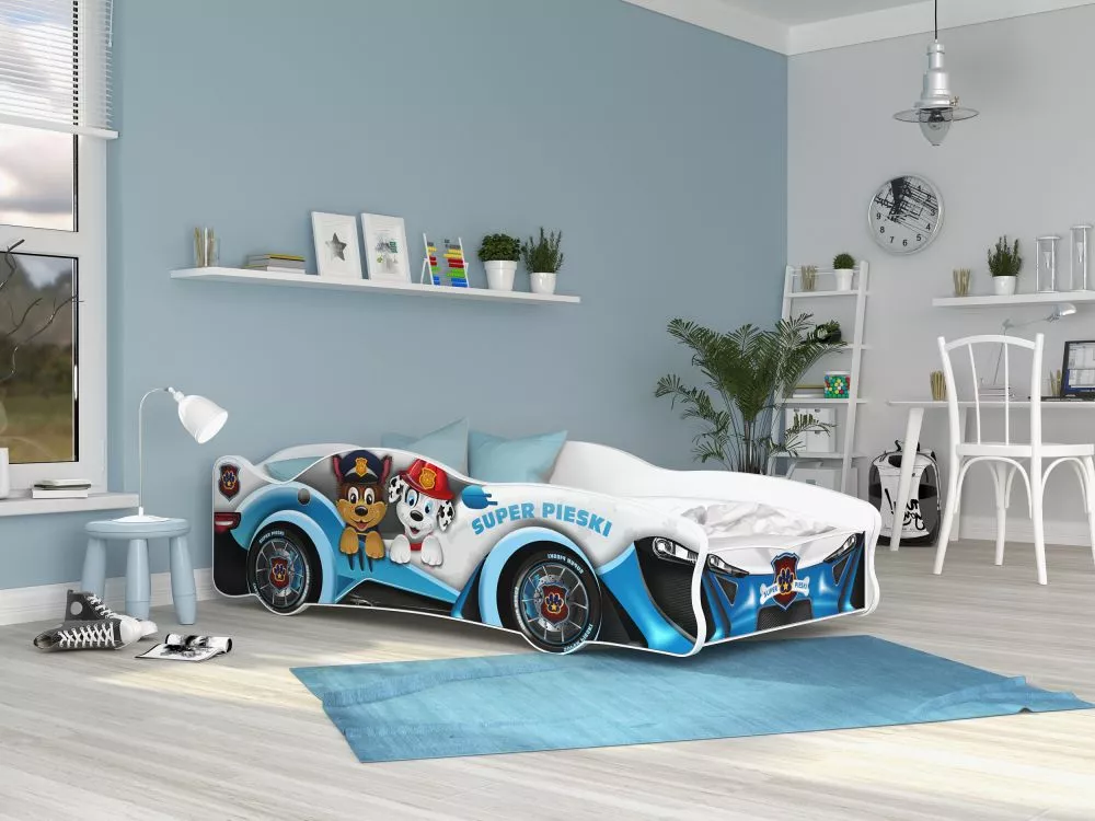 Bērnu gulta Cars 80x160 ar stelāžu Guļamvietas platums: 80 cm, Guļamvietas garums: 160 cm, · Gaiši zils · 82 × 170 × 52 