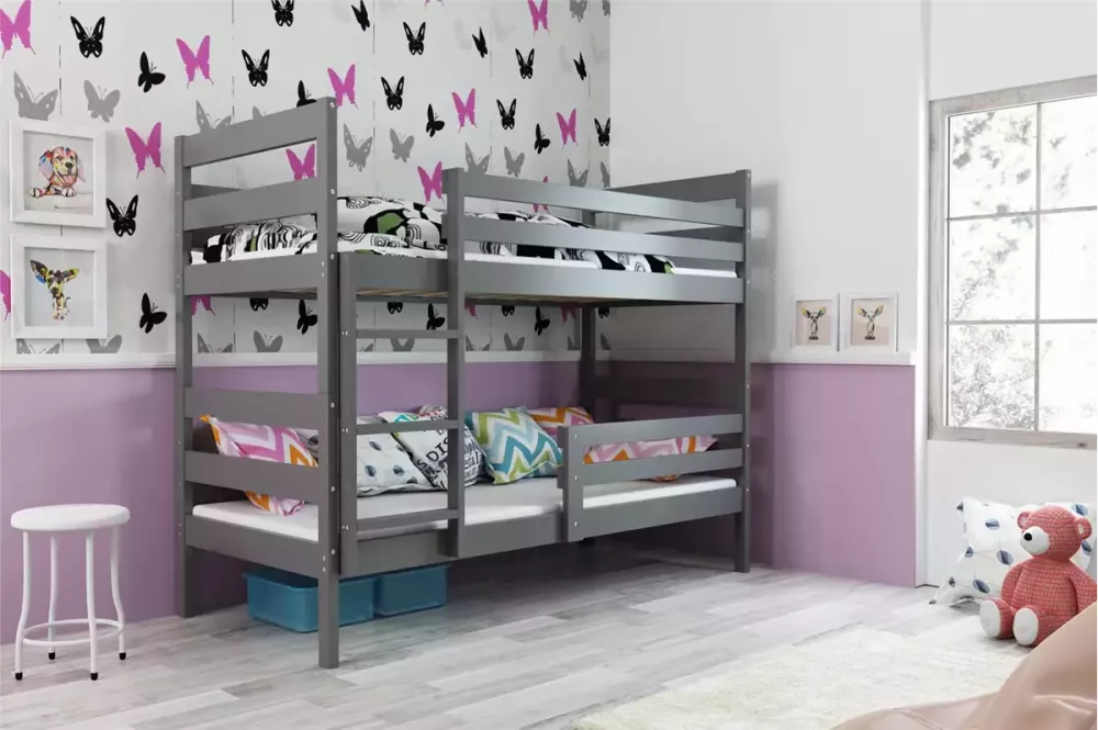 Bērnu gulta Eryk Bunk Basic 90x200 ar stelāžām Guļamvietas platums: 90 cm, Guļamvietas garums: 200 cm, · Grafīts · 97 × 