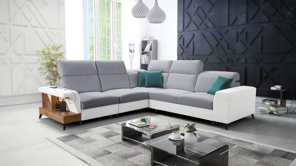Dīvāns Belutti 3 Lancelot Standard ar LED · Pelēks + balts · 288 × 288 × 84 cm