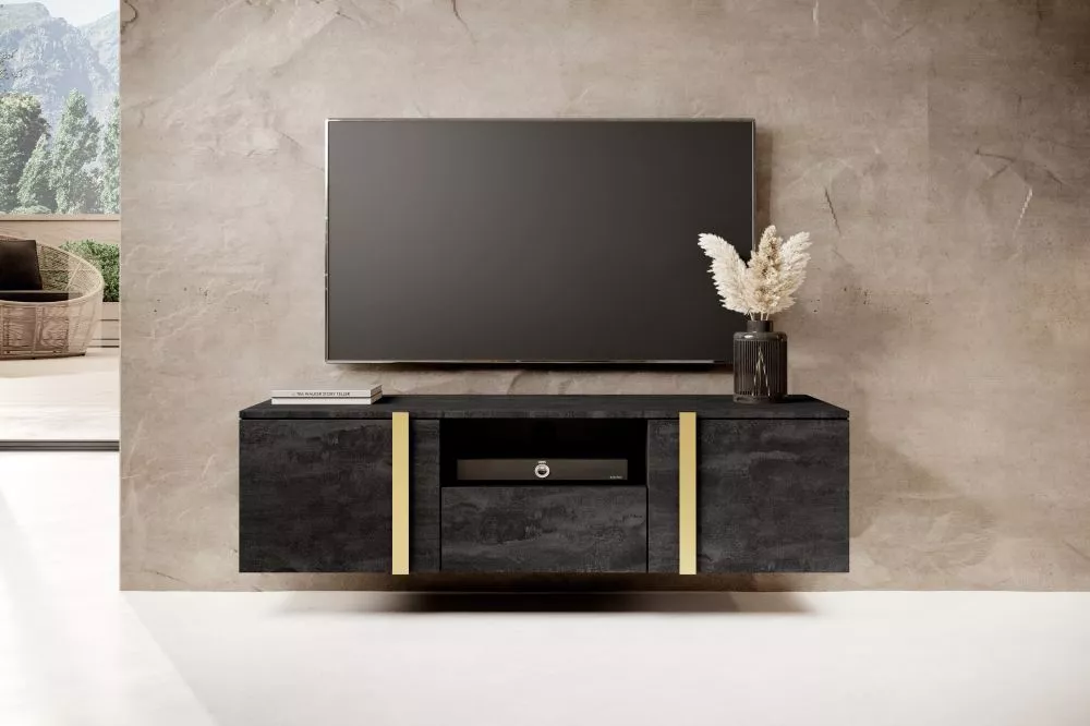TV tumba Verica RTV 150 2D1SZ Gold W · Melns · 150 × 45 × 40 cm