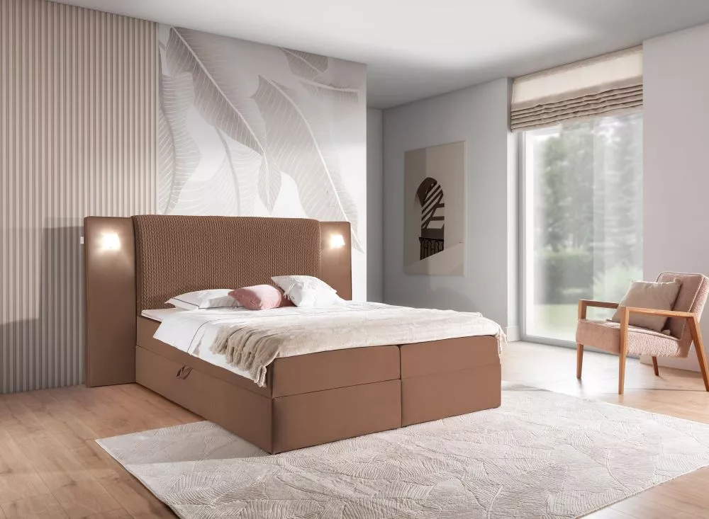 Gulta Marbella Boxspring Standard ar LED Guļamvietas platums: 120 cm, Guļamvietas garums: 200 cm, · Brūns · 193 × 210 × 