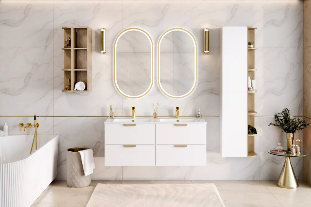 Vannas istabas komplekts Aster White Set ar LED · Balts · 160 × 46 cm