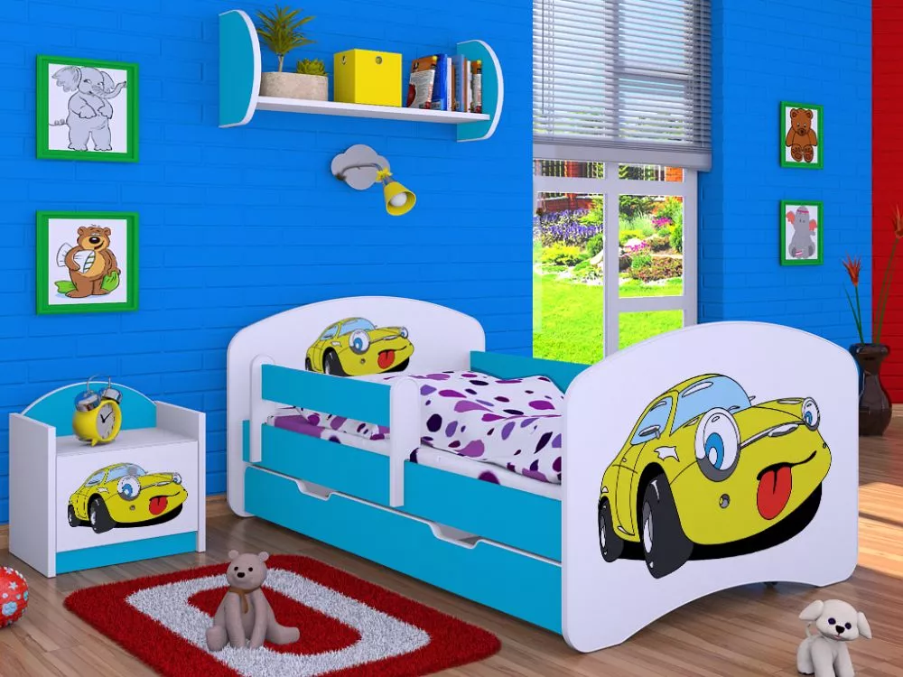 Bērnu gulta Happy L02 Zolty Samochodzik 140x70 ar stelāžu Guļamvietas platums: 70 cm, Guļamvietas garums: 140 cm, · 82 ×