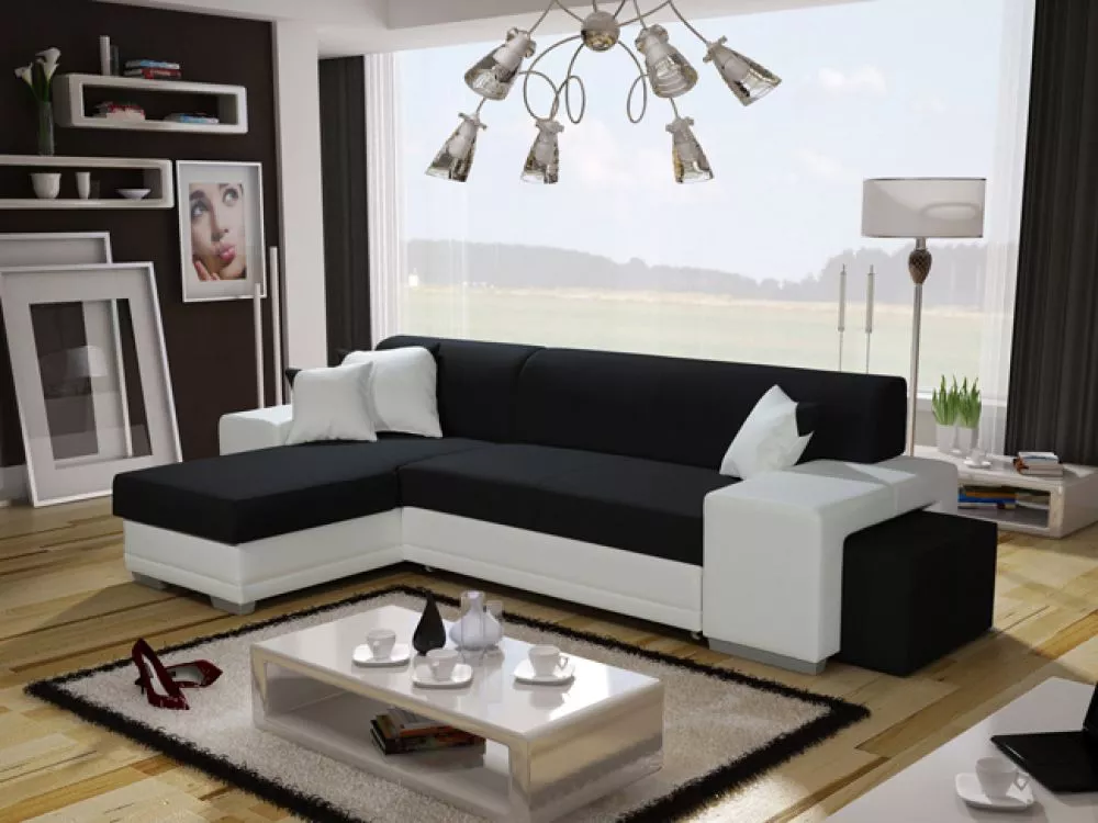 Dīvāns Vera Twin + Puf Standard · Melns + balts · 160 × 302 × 73 cm
